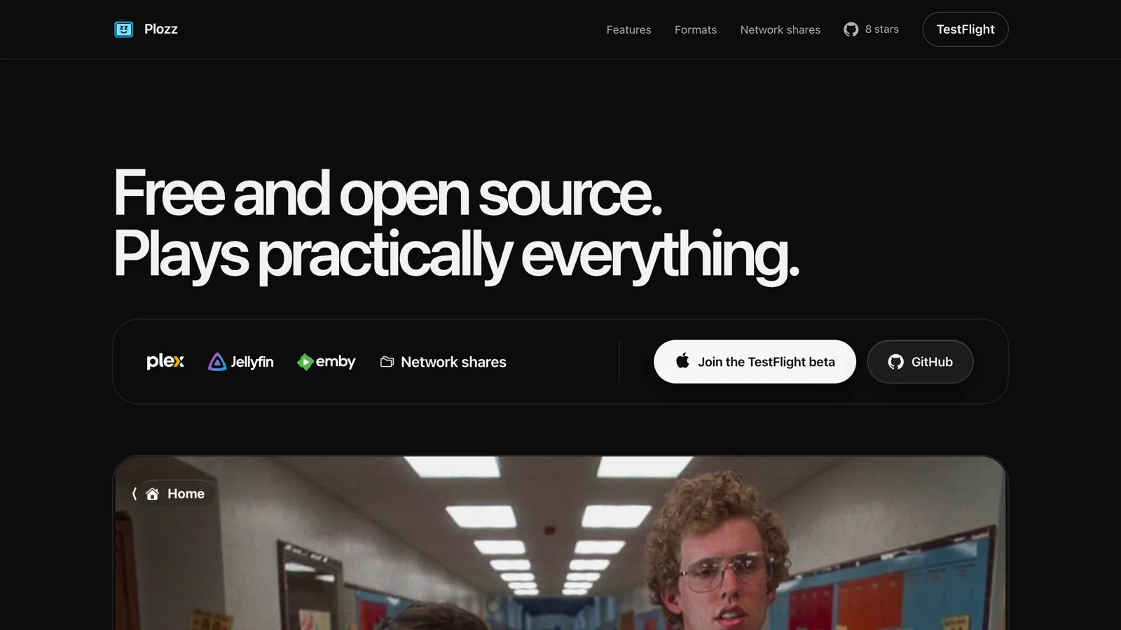 The Plozz marketing site, showing its dark hero and the media servers it supports.