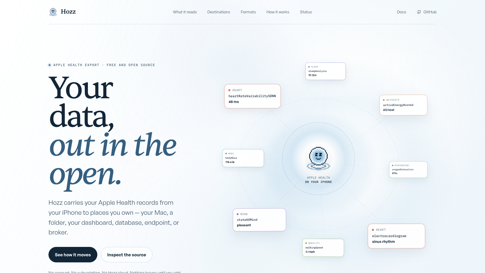 The Hozz website, showing the hero, export destinations and Apple Health data sync features.