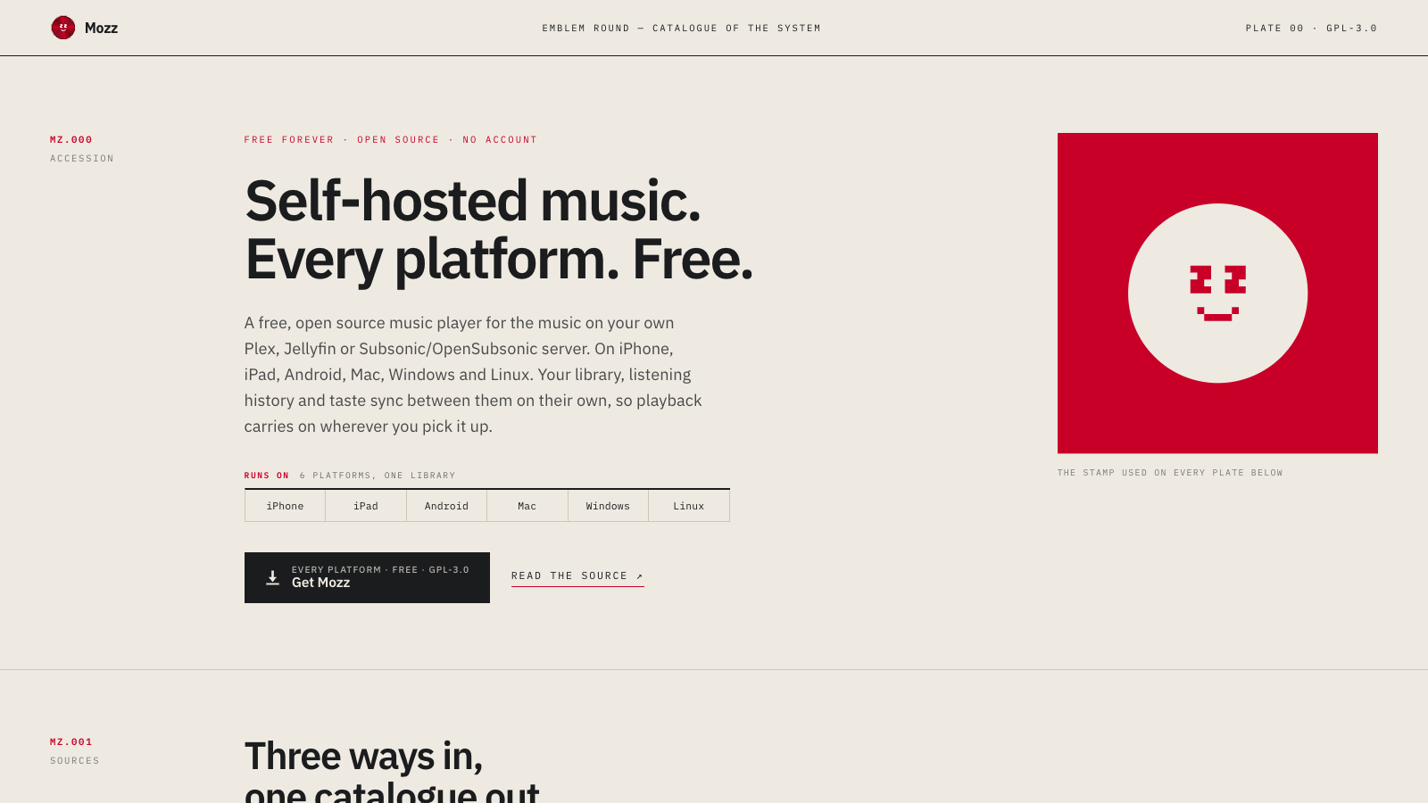 The Mozz website, showing the crimson emblem, music player features and self-hosted server integrations.